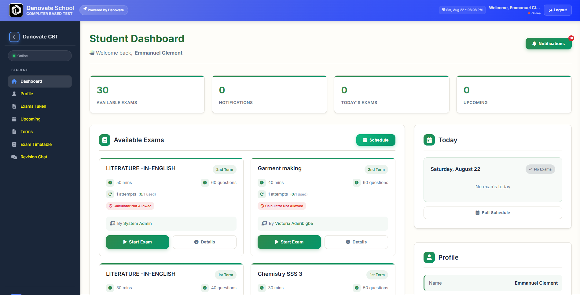 Student dashboard on the Danovate CBT platform